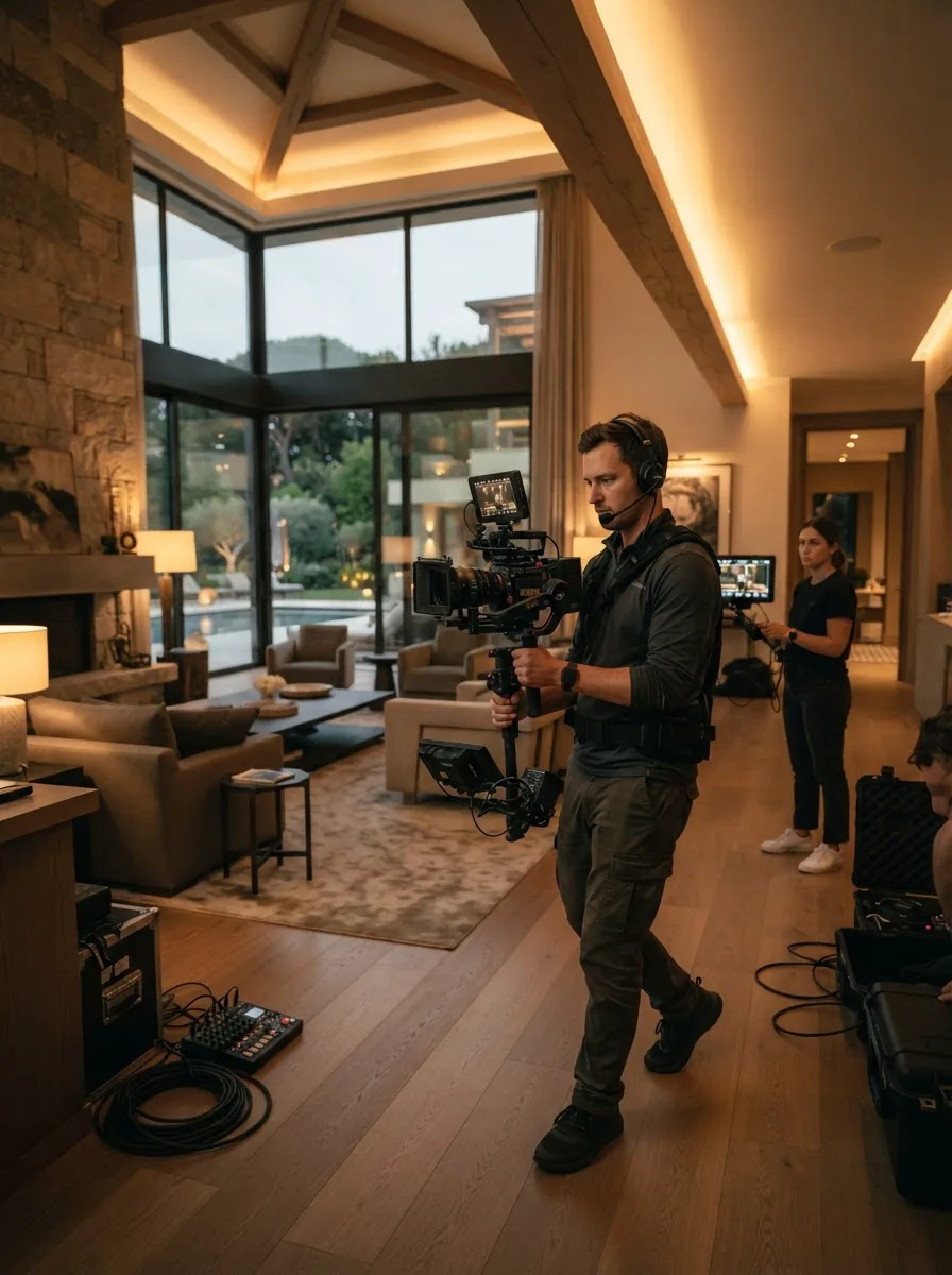 Cámara de cine profesional montada en gimbal filmando una residencia de lujo en Caracas